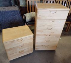 21ST CENTURY TALL BEECH CHEST OF 6 DRAWERS & MATCHING 3 DRAWER BEDSIDE CHEST.