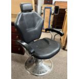 20TH CENTURY CHROME & BLACK LEATHER RISE & FALL SWIVEL BARBER'S CHAIR ON CIRCULAR BASE