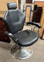 20TH CENTURY CHROME & BLACK LEATHER RISE & FALL SWIVEL BARBER'S CHAIR ON CIRCULAR BASE