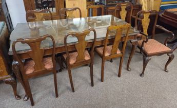 20TH CENTURY BURR WALNUT DINING TABLE ON SHAPED SUPPORTS & SET OF 6 WALNUT DINING CHAIRS & 2 OTHER
