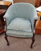 LATE 19TH CENTURY CARVED MAHOGANY FRAMED TUB CHAIR ON SHAPED SUPPORTS