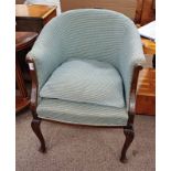 LATE 19TH CENTURY CARVED MAHOGANY FRAMED TUB CHAIR ON SHAPED SUPPORTS