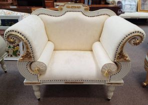 WHITE & GILT SCROLL ARM CHAIR WITH SHAPED BACK ON DECORATIVE REEDED SUPPORTS