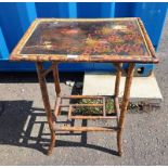 BAMBOO OCCASIONAL TABLE WITH ORIENTAL PAINTE DECORATION TO TOP.