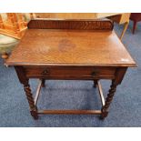 OAK SIDE TABLE WITH RAIL BACK OVER SINGLE DRAWER ON BARLEY TWIST SUPPORTS,