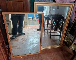 GILT FRAMED RECTANGULAR MIRROR WITH BEVELLED EDGE & TEAK FRAMED RECTANGULAR MIRROR.