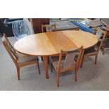 TEAK EXTENDING DINING TABLE WITH FOLD OUT LEAF & SET OF 4 TEAK BUTTON BACK DINING CHAIRS .