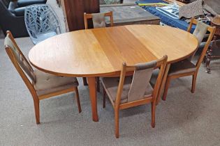 TEAK EXTENDING DINING TABLE WITH FOLD OUT LEAF & SET OF 4 TEAK BUTTON BACK DINING CHAIRS .