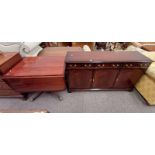 INLAID MAHOGANY SIDEBOARD & CENTRE PEDESTAL DROP LEAF DINING TABLE