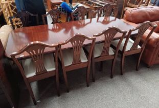 MAHOGANY TWIN PEDESTAL DINING TABLE WITH EXTRA LEAF & SET OF 8 DINING CHAIRS ON SQUARE TAPERED