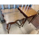 19TH CENTURY MAHOGANY SQUARE TABLE ON TURNED SUPPORTS & MAHOGANY TABLE WITH SHAPED TOP ON SHAPED