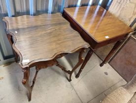 19TH CENTURY MAHOGANY SQUARE TABLE ON TURNED SUPPORTS & MAHOGANY TABLE WITH SHAPED TOP ON SHAPED