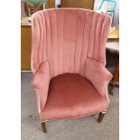 LATE 19TH CENTURY MAHOGANY FRAMED OVERSTUFFED BARREL BACK ARMCHAIR ON SQUARE TAPERED SUPPORTS