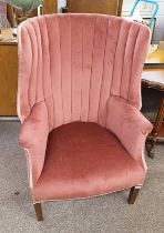 LATE 19TH CENTURY MAHOGANY FRAMED OVERSTUFFED BARREL BACK ARMCHAIR ON SQUARE TAPERED SUPPORTS