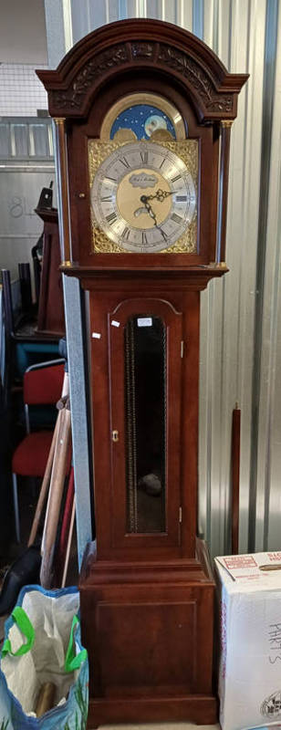 MAHOGANY LONG CASE CLOCK WITH BRASS & SILVERED DIAL SIGNED TEMPUS FUGIT WITH 2 WEIGHTS & PENDULUM