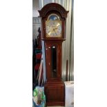 MAHOGANY LONG CASE CLOCK WITH BRASS & SILVERED DIAL SIGNED TEMPUS FUGIT WITH 2 WEIGHTS & PENDULUM