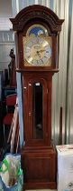 MAHOGANY LONG CASE CLOCK WITH BRASS & SILVERED DIAL SIGNED TEMPUS FUGIT WITH 2 WEIGHTS & PENDULUM