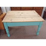 19TH CENTURY PINE RECTANGULAR KITCHEN TABLE WITH 2 DRAWERS TO END ON PAINTED TURNED SUPPORTS,