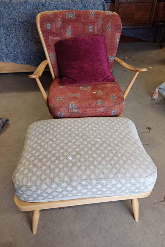 ERCOL BLONDE BEECH SPINDLE BACK ARMCHAIR & STOOL Condition Report: Both items of the
