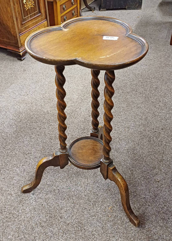 WALNUT PLANT STAND WITH TREFOIL TOP & BARLEY TWIST DECORATION ON 3 SPREADING SUPPORTS,