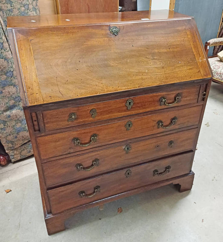 19TH CENTURY MAHOGANY BUREAU WITH FALL FRONT OPENING TO FITTED INTERIOR OVER 4 DRAWERS ON BRACKET