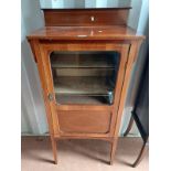 INLAID MAHOGANY CABINET WITH RAIL BACK & SINGLE GLAZED PANEL DOOR OPENING TO SHELVED INTERIOR ON