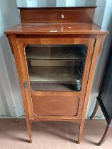 INLAID MAHOGANY CABINET WITH RAIL BACK & SINGLE GLAZED PANEL DOOR OPENING TO SHELVED INTERIOR ON