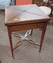 LATE 19TH CENTURY INLAID MAHOGANY ENVELOPE CARD TABLE WITH SINGLE DRAWER ON SQUARE TAPERED SUPPORTS