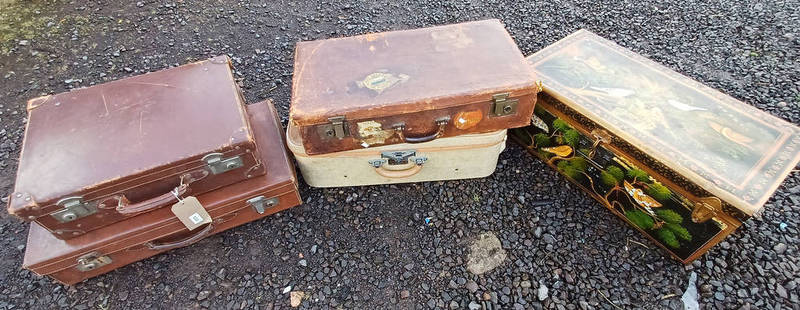 METAL BOX WITH PAINTED FLORAL & BIRD DECORATION & 4 SUITCASES
