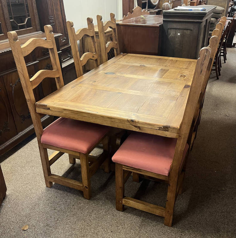 RUSTIC PINE REFECTORY TABLE & SET OF 6 TALL LADDER BACK DINING CHAIRS .