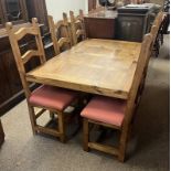 RUSTIC PINE REFECTORY TABLE & SET OF 6 TALL LADDER BACK DINING CHAIRS .