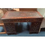 20TH CENTURY MAHOGANY TWIN PEDESTAL DESK WITH LEATHER INSET TOP & 3 FRIEZE DRAWERS OVER 2 STACKS OF