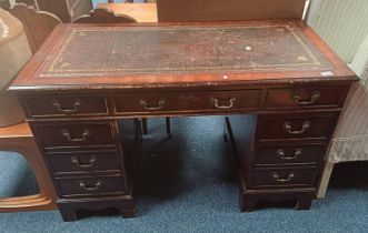 20TH CENTURY MAHOGANY TWIN PEDESTAL DESK WITH LEATHER INSET TOP & 3 FRIEZE DRAWERS OVER 2 STACKS OF