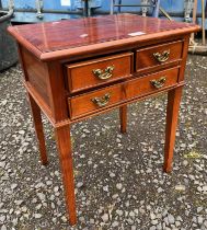 INLAID MAHOGANY LAMP TABLE WITH 2 SHORT DRAWERS OVER SINGLE LONG DRAWER ON SQUARE TAPERED SUPPORTS,