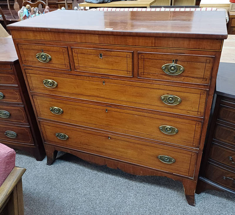 19TH CENTURY MAHOGANY CHEST OF DRAWERS WITH 3 SHORT OVER 3 LONG DRAWERS ON BRACKET SUPPORTS,