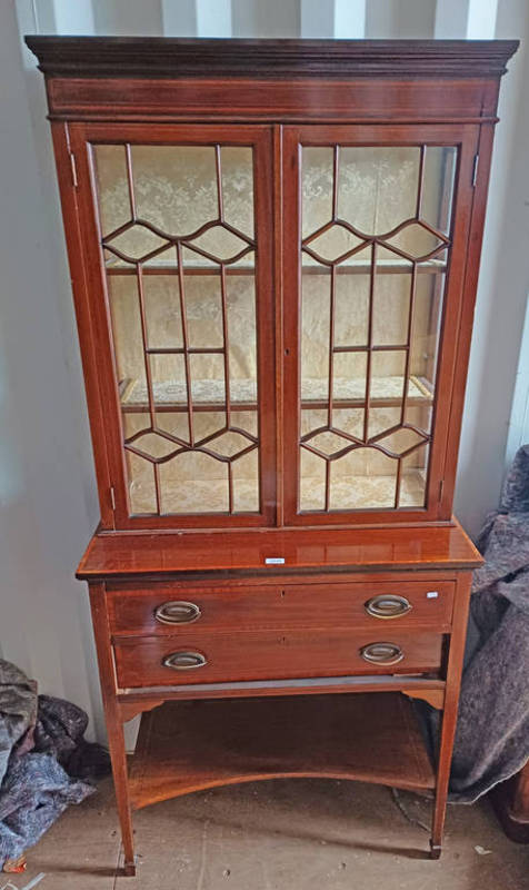 LATE 19TH CENTURY INLAID MAHOGANY DISPLAY CASE WITH 2 ASTRAGAL GLASS PANEL DOORS OVER 2 LONG