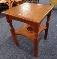 ARTS & CRAFTS STYLE OAK TABLE WITH COPPER PANEL TOP ON SQUARE SUPPORTS WITH UNDER SHELF,