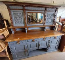 19TH CENTURY OAK MIRROR BACK SIDEBOARD WITH CARVED DECORATION & 3 DRAWERS OVER 4 PANEL DOORS - WITH