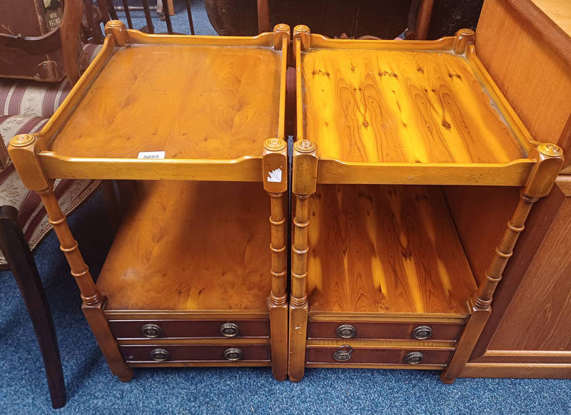 PAIR OF YEW TABLES WITH GALLERY TOPS & 2 DRAWERS TO BASE.