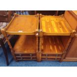 PAIR OF YEW TABLES WITH GALLERY TOPS & 2 DRAWERS TO BASE.