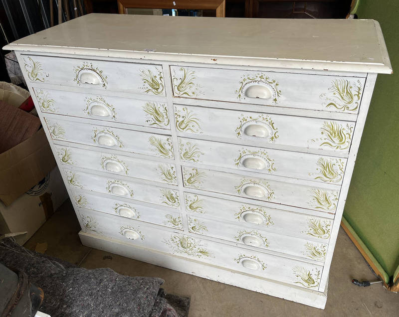 19TH CENTURY PAINTED CHEST OF 12 SHORT OVER SINGLE LONG DRAWER WITH PAINTED DECORATION ON PLINTH