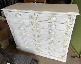 19TH CENTURY PAINTED CHEST OF 12 SHORT OVER SINGLE LONG DRAWER WITH PAINTED DECORATION ON PLINTH