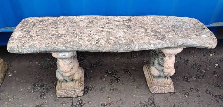 RECONSTITUTED STONE GARDEN BENCH ON 2 DECORATIVE SUPPORTS MODELLED AFTER SQUIRRELS - 40 CM TALL X