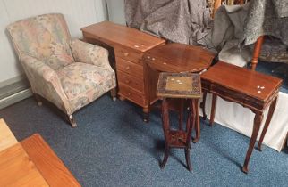 OVERSTUFFED ARMCHAIR, PINE DRESSING TABLE,