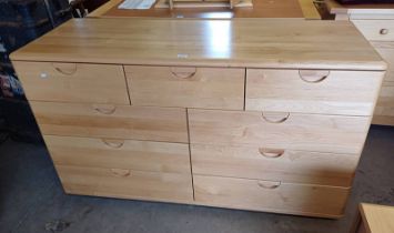 21ST CENTURY BEECH CHEST OF 3 SHORT OVER 6 LONG DRAWERS.