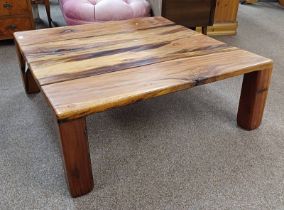 RUSTIC HARDWOOD LOW SQUARE COFFEE TABLE ON BLOCK FEET.