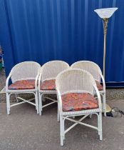 SET OF 4 PAINTED WICKER ARMCHAIRS & METAL UPLIGHTER