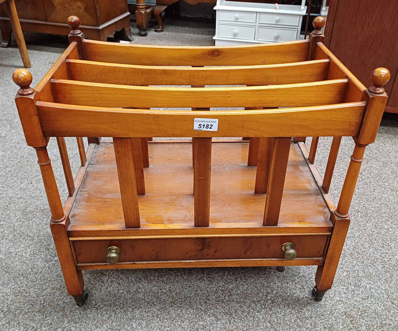 REPODUX YEW CANTERBURY WITH SINGLE DRAWER ON TURNED SUPPORTS