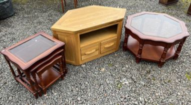 OAK CORNER TV UNIT WITH 2 DRAWERS & OCTAGONAL COFFEE TABLE WITH GLASS INSET TOP,