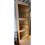 OAK DISPLAY CABINET WITH 3 BOW FRONT GLAZED PANEL DOORS OPENING TO GLASS SHELVED INTERIOR OVER